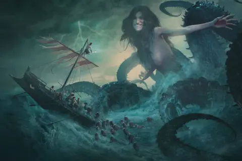 Scylla, monstre marin de la mythologie, attaque un navire. Ses tentacules s'élèvent des flots déchaînés, menaçant les marins terrifiés.