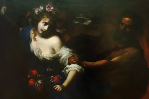 Le ravissement de Perséphone par Hadès. On y voit la jeune femme, couronnée de fleurs, saisie par une main puissante. Ses parents, Déméter et Zeus, sont absents de cette scène.