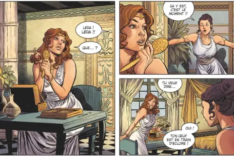 Léda, peut-être une ancienne maîtresse de Zeus, se prépare. Une autre femme s'exclame : "Ton œuf est en train d'éclore !