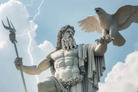 Statue du dieu de la pluie grec, Zeus, tenant un trident et un aigle, sous un ciel orageux.
