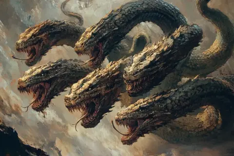 L'hydre de Lerne, créature mythologique aux multiples têtes de serpent, émerge des brumes, gueules ouvertes et langues bifides sifflantes.