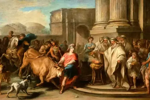 Thésée, jeune héros, maîtrise le taureau crétois. Une foule observe ce moment clé du mythe de Thésée résumé, avant son voyage vers le labyrinthe.