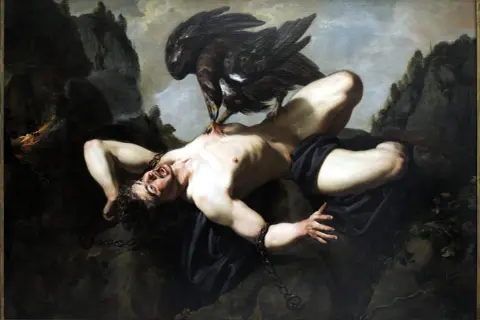 Un aigle dévore le foie de Prométhée enchaîné, symbole de son châtiment éternel pour avoir donné le feu aux hommes. La signification de Prométhée est ici la souffrance pour le progrès.