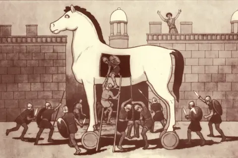 Le cheval de Troie, un stratagème de la mythologie grecque, est introduit dans la cité. Des guerriers grecs sortent de sa panse.