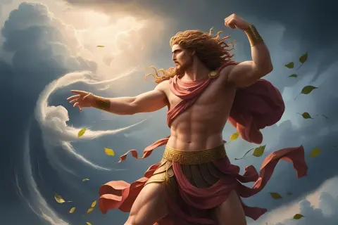 Un homme musclé, drapé de rouge, semble commander les éléments. Des feuilles volent autour de lui, et des nuages tourbillonnent, évoquant le dieu du vent.