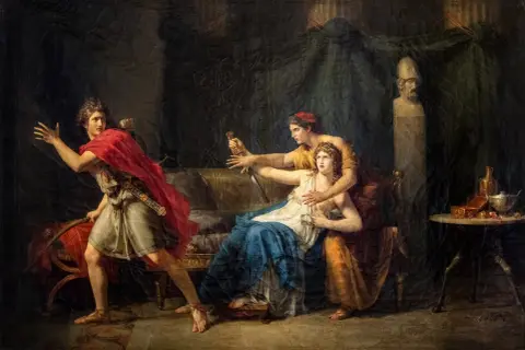 Scène dramatique de la mythologie grecque : Phèdre, tourmentée, repousse Hippolyte qui s'enfuit.