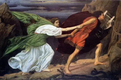 Orphée, sa lyre sur le dos, est retenu par Eurydice qui le tire en arrière, le regard plein de désespoir.