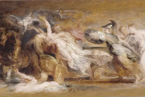 Enlèvement de Proserpine par Pluton, scène dramatique de la mythologie grecque. Une femme est emportée dans un char tiré par des chevaux.