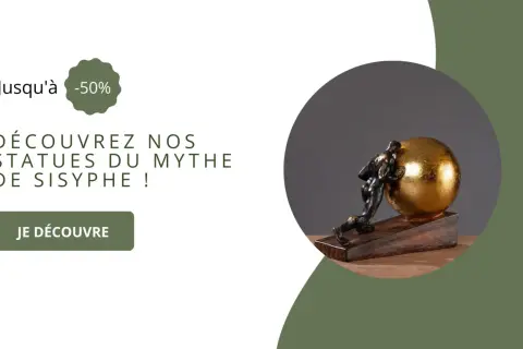 Statue d'un homme luttant pour pousser un rocher de Sisyphe doré. Découvrez nos statues du mythe de Sisyphe !