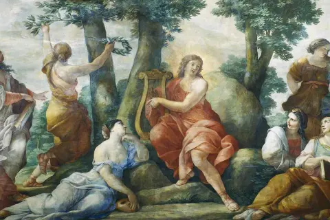 Erato muse, inspirant la poésie lyrique, joue de la lyre entourée de compagnes dans un paysage verdoyant.