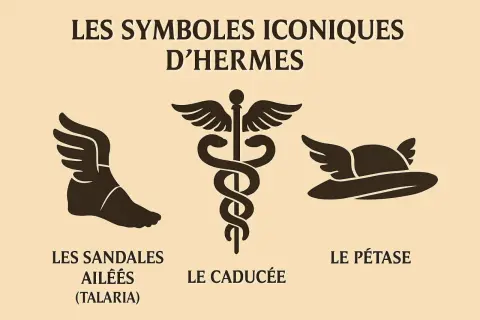 Les symboles iconiques d'Hermès : sandales ailées, caducée et pétase. Le dieu messager est représenté par ces emblèmes.