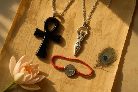 Pendentifs, fleur de lotus, plume de paon et bracelet sur un papyrus orné de figures. L'un des pendentifs évoque une déesse de la pluie.
