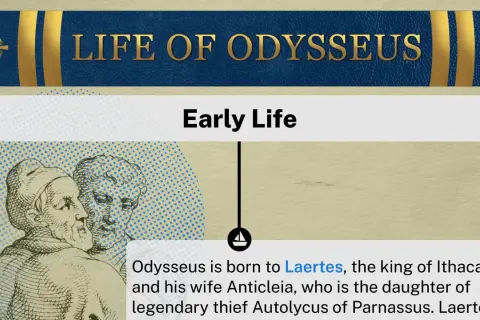 Dessin de deux hommes, texte "Early Life" et "LIFE OF ODYSSEUS".