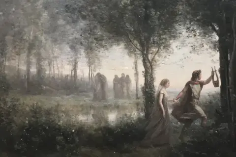 Orphée guide Eurydice hors des enfers, une scène mythologique dans une forêt brumeuse.