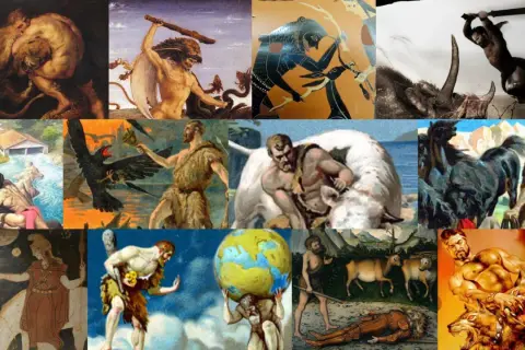 Collage d'images illustrant les 12 travaux d'Hercule, expliquant pourquoi Hercule doit faire ces épreuves pour expier ses fautes.