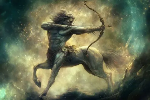 Chiron, le centaure sage de la mythologie grecque, bandant son arc dans un ciel étoilé.