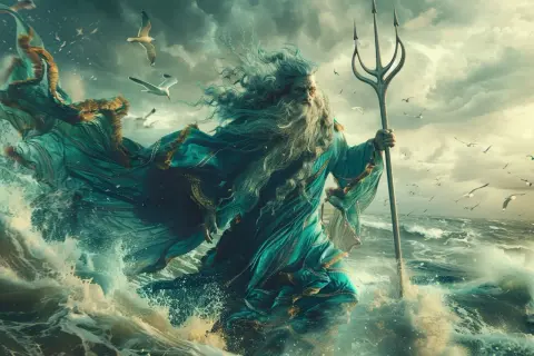 Le dieu de l'eau, barbu et majestueux, brandit son trident au milieu des vagues déchaînées et des mouettes. Sa robe turquoise flotte au vent.