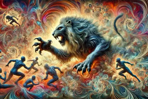 Le lion de Némée, une créature mythique aux griffes acérées, affronte des silhouettes humaines dans un tourbillon psychédélique de couleurs vives.