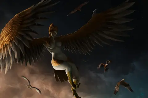 Une harpie, créature de la mythologie, plane dans le ciel nocturne, ses ailes immenses déployées. D'autres oiseaux l'accompagnent dans cette scène onirique.