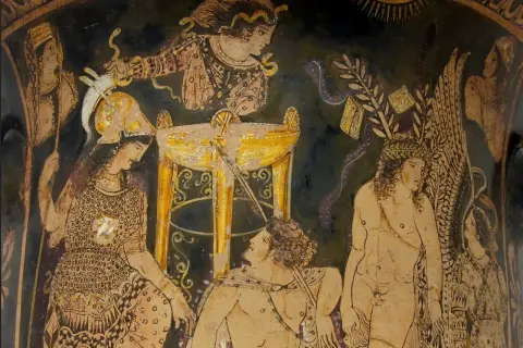 Scène antique : Antigone, Œdipe et d'autres figures mythologiques autour d'un autel doré.