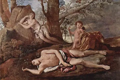 Narcisse, objet de l'amour d'Écho, repose endormi. Un putto, peut-être Cupidon, veille sur lui, rappelant la tragédie de l'écho mythologie.