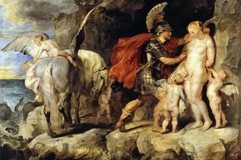 Persée mythologie, armé et casqué, s'approche d'Andromède, entourée de putti. Pégase, le cheval ailé, est prêt à s'envoler.