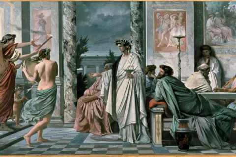 Scène antique avec des hommes en toges, des torches et des couronnes. On y voit des enfants, dont un porte une couronne de fleurs, rappelant qui est Narcisse.