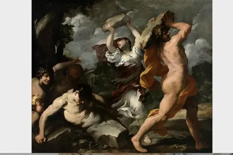 Deucalion et Pyrrha, survivants du déluge, jettent des pierres pour repeupler la Terre. Des figures humaines émergent des rochers.