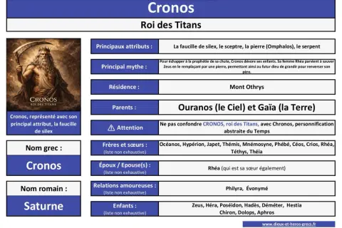 Cronos, roi des Titans, est représenté avec sa faucille. Ce dieu du temps, fils d'Ouranos et Gaïa, est le père de Zeus.