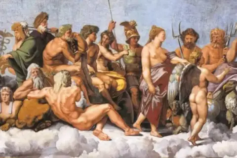 La scène dépeint les dieux grecs, une assemblée divine sur des nuages. Mercure, Apollon, Jupiter et d'autres figures mythologiques sont représentés.