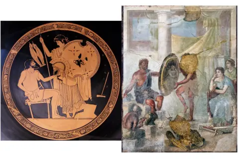 Sur une amphore, Héphaïstos forge une armure pour Aphrodite. Une fresque montre aussi le dieu forgeron et des figures féminines.