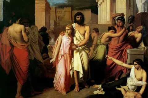 La tragédie des fils d'Œdipe et Jocaste : Antigone guide un Œdipe aveugle, tandis que ses frères s'affrontent dans un bain de sang.
