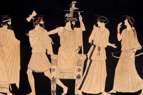 Zeus, aidé par Héphaïstos, libère Athéna de sa tête. On voit aussi Pallas et d'autres figures, mais qui sont les parents d'Athéna ? Zeus et Métis.