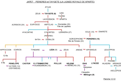 Arbre généalogique montrant la lignée royale de Sparte. Pénélope, femme d'Ulysse, est la fille d'Icarios.