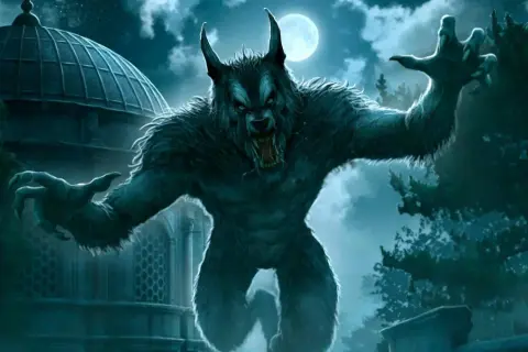 Un lycanthrope terrifiant, inspiré de la lycaon mythologie, hurle sous la pleine lune près d'un dôme ancien. Ses griffes sont tendues, prêt à bondir.