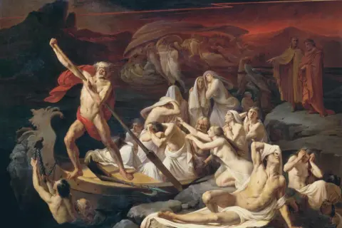 Charon, le passeur des âmes, manœuvre sa barque sur le Styx. Des âmes désespérées tentent de monter à bord, tandis que d'autres attendent sur la rive.