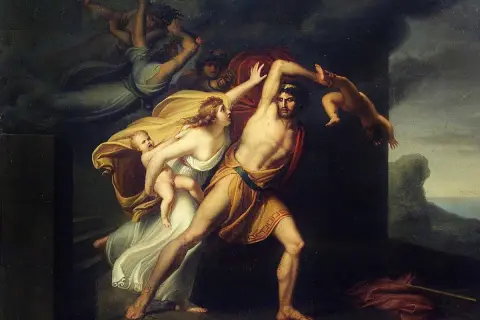 Saturn, le titan, dévore ses enfants. Une femme, peut-être une ino nourrice, tente de sauver un bébé.