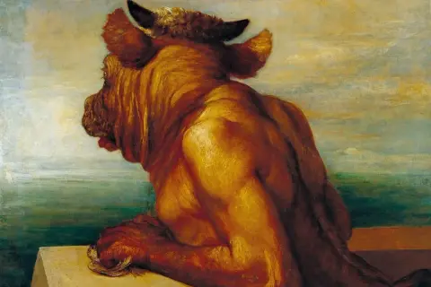 Le minotaure, créature de la mythologie grecque, est représenté de dos, la tête tournée vers la gauche, contemplant un paysage marin.