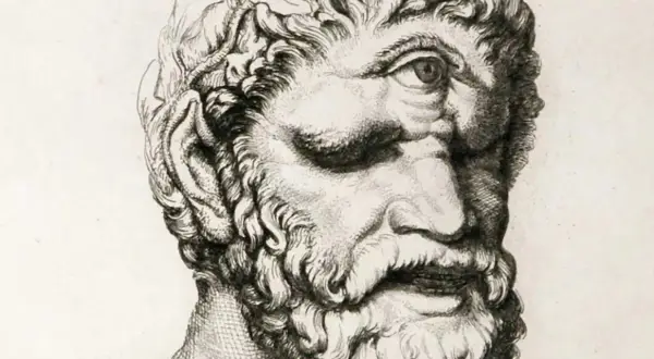 Portrait gravé d'un cyclope barbu, avec un seul œil au milieu du front. Une créature mythologique terrifiante.