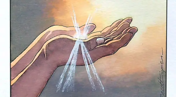 Mains ouvertes recevant la lumière divine, comme un don du dieu de la lumière.