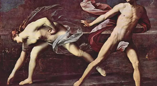Course de Hippomène et Atalante, scène de la mythologie grecque. Atalante, la chasseresse, court, laissant tomber des pommes d'or.
