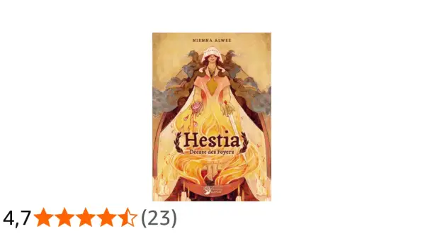 Hestia, déesse des foyers, représentée dans une illustration chaleureuse et protectrice, entourée de flammes et de bougies.