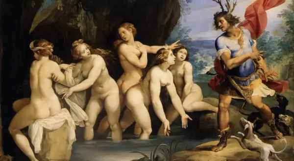 Diane et Actéon : le chasseur aux bois de cerf surprend la déesse et ses nymphes au bain. Les nymphes tentent de se cacher.