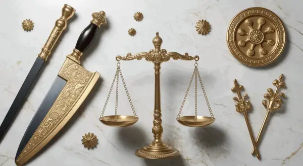 Balance de justice dorée, épée ornée et symboles antiques. La **némésis définition** se reflète dans ces objets, évoquant la justice divine et la rétribution.