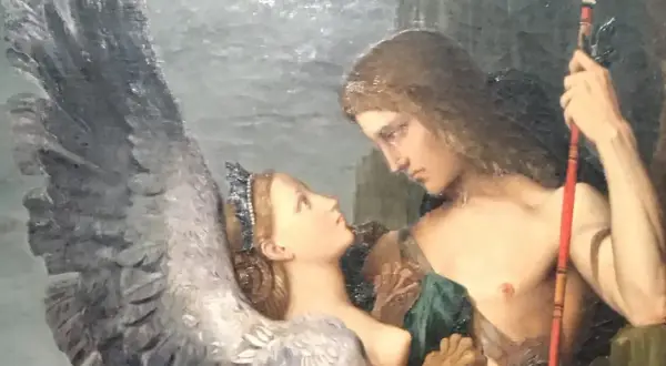 Un jeune homme aux cheveux longs regarde une femme ailée couronnée. Une scène qui évoque la tragédie, peut-être le mort d'Œdipe.