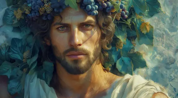 Portrait d'un homme couronné de raisins et de feuilles, évoquant le dionysos symbole de fête et de nature.