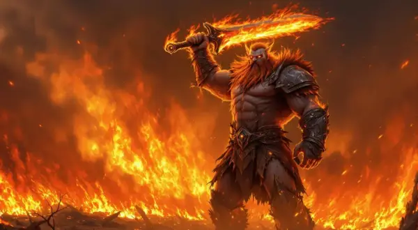 Un guerrier imposant, le dieu du feu, brandit une épée enflammée au milieu d'un paysage dévasté par les flammes.