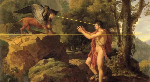 Un homme nu fait face à un sphinx ailé, créature de la mythologie grecque, dans un paysage rocheux et boisé.