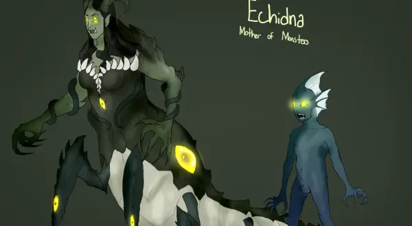 Échidna, mère des monstres de la mythologie grecque, avec son corps de serpent et ses multiples yeux brillants, aux côtés d'une créature aquatique.