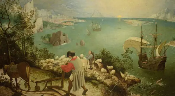 Paysage marin avec un laboureur, des moutons et un navire. Un dédale mythologie s'ouvre sur la mer.